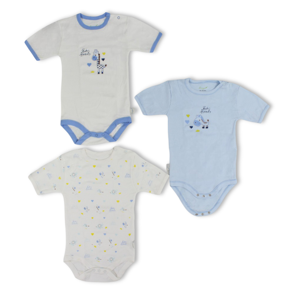 Baby Boys Cotton Short-Sleeved Underwear Bodysuits – Multicolor with Giraffe Design (Pack of 3)