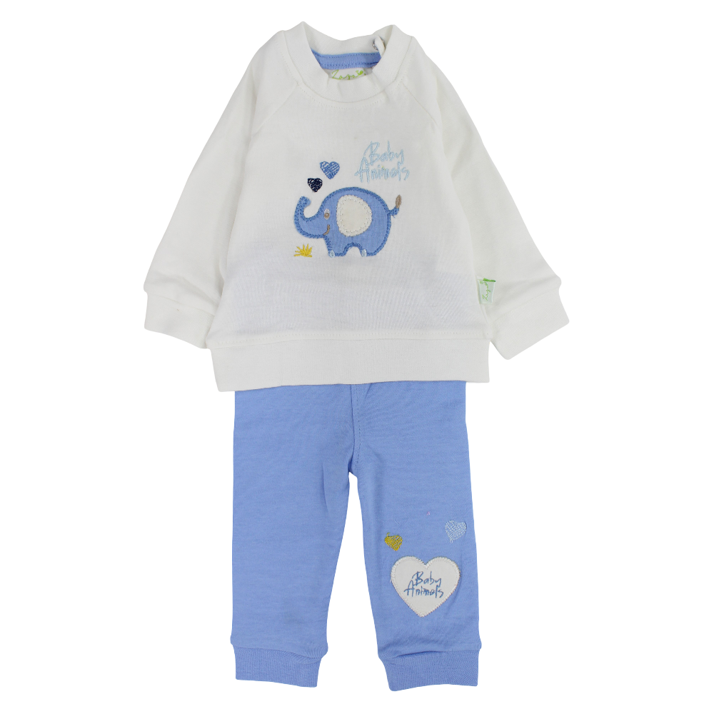 Baby Boys Cotton Pajama Set – Off-White/Blue with Elephant Design