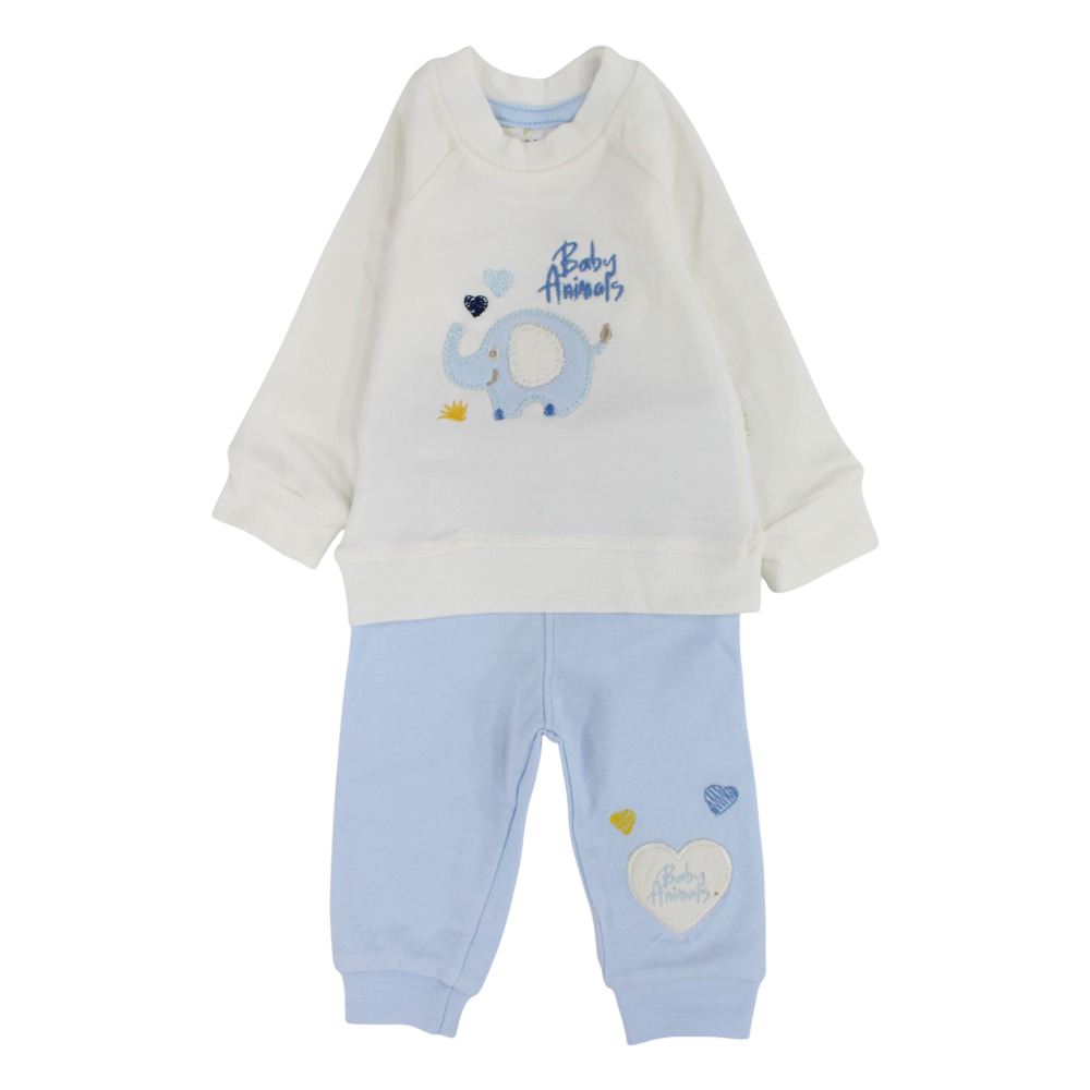 Baby Boys Cotton Pajama Set – Off-White/Babyblue with Elephant Design