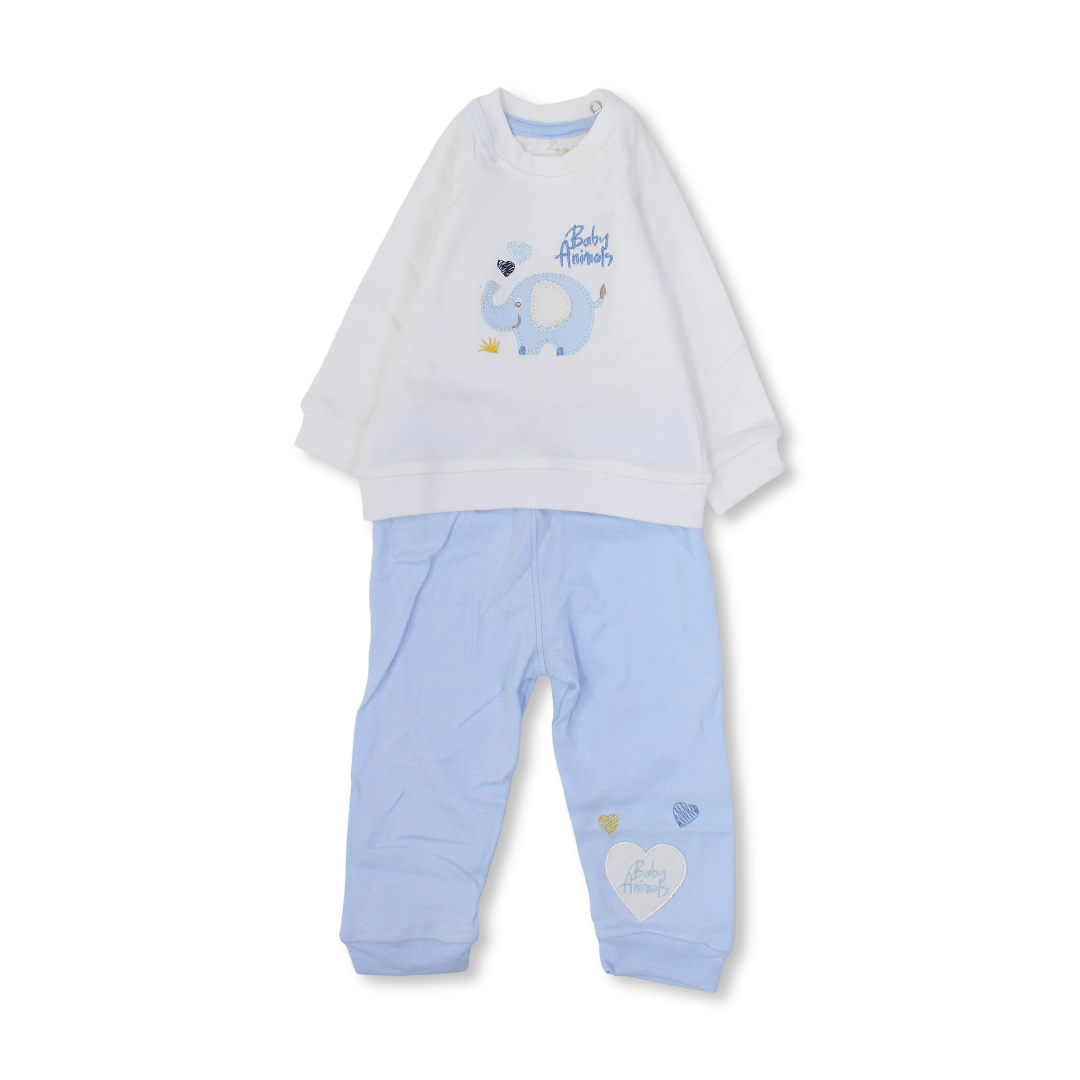 Baby Boys Cotton Pajama Set – Off-White/Babyblue with Elephant Design