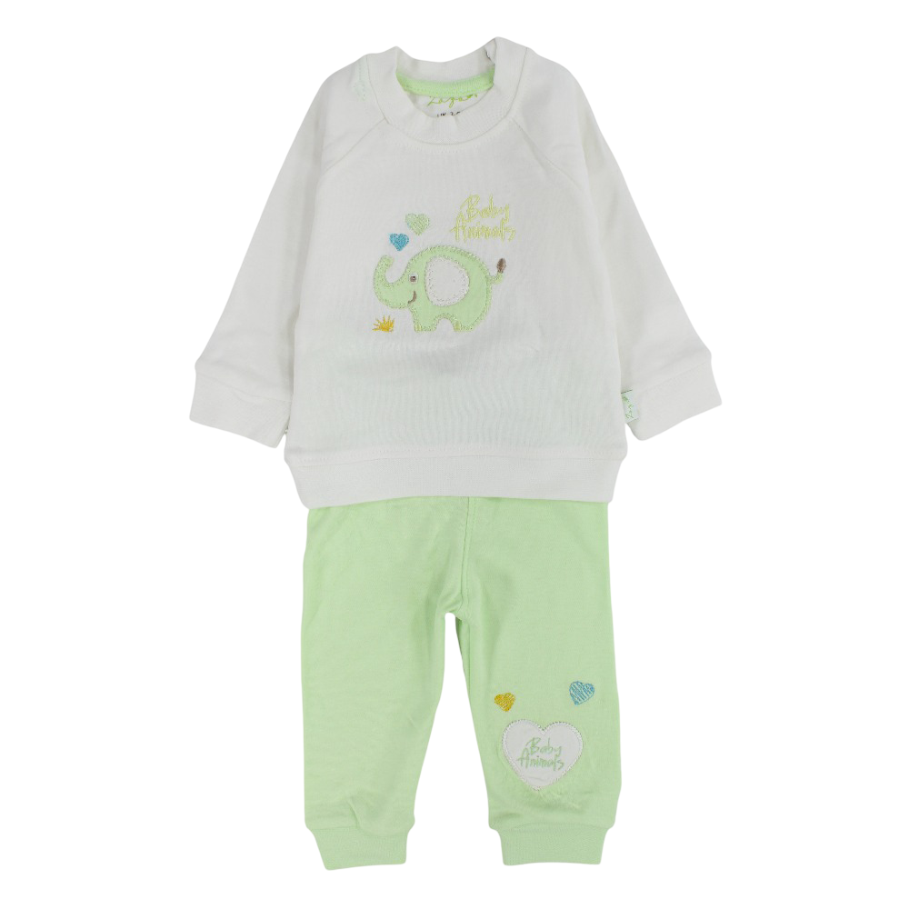Unisex Baby Cotton Pajama Set – Off-White/Mint with Elephant Design