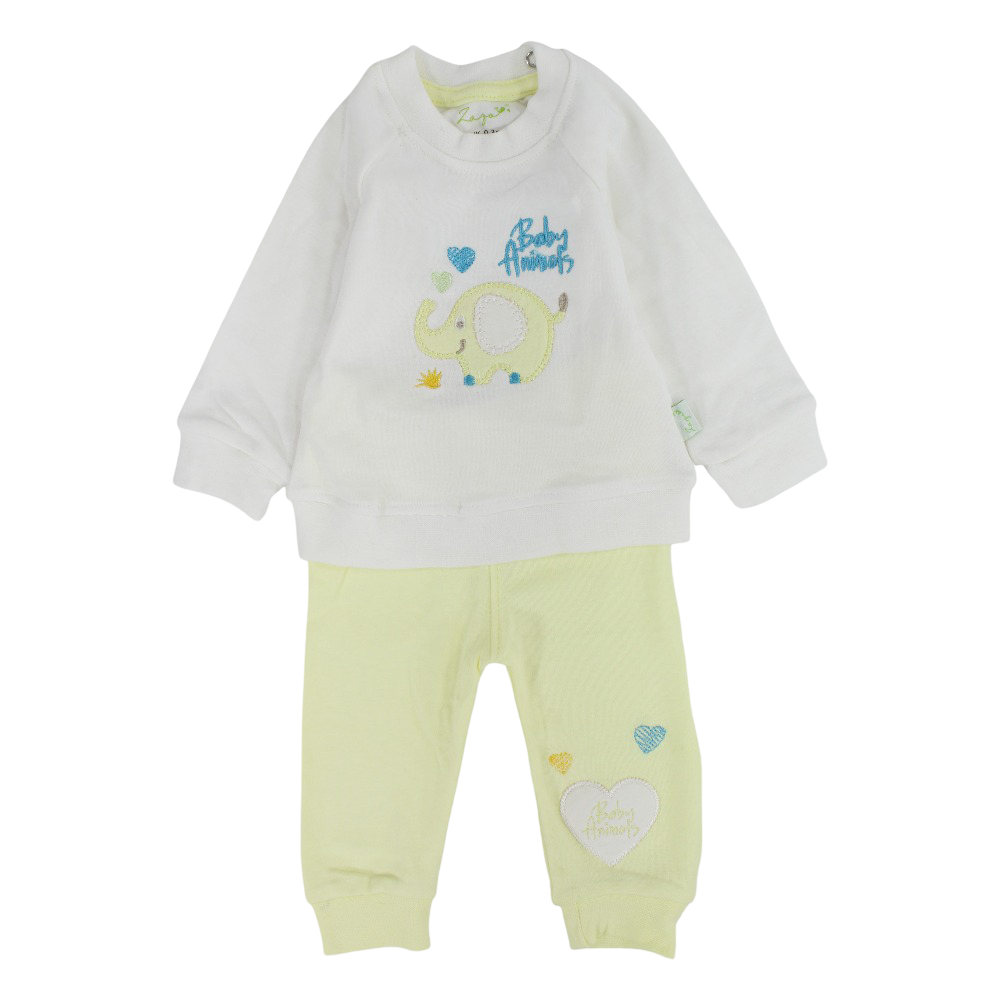Unisex Baby Cotton Pajama Set – Off-White/Yellow with Elephant Design