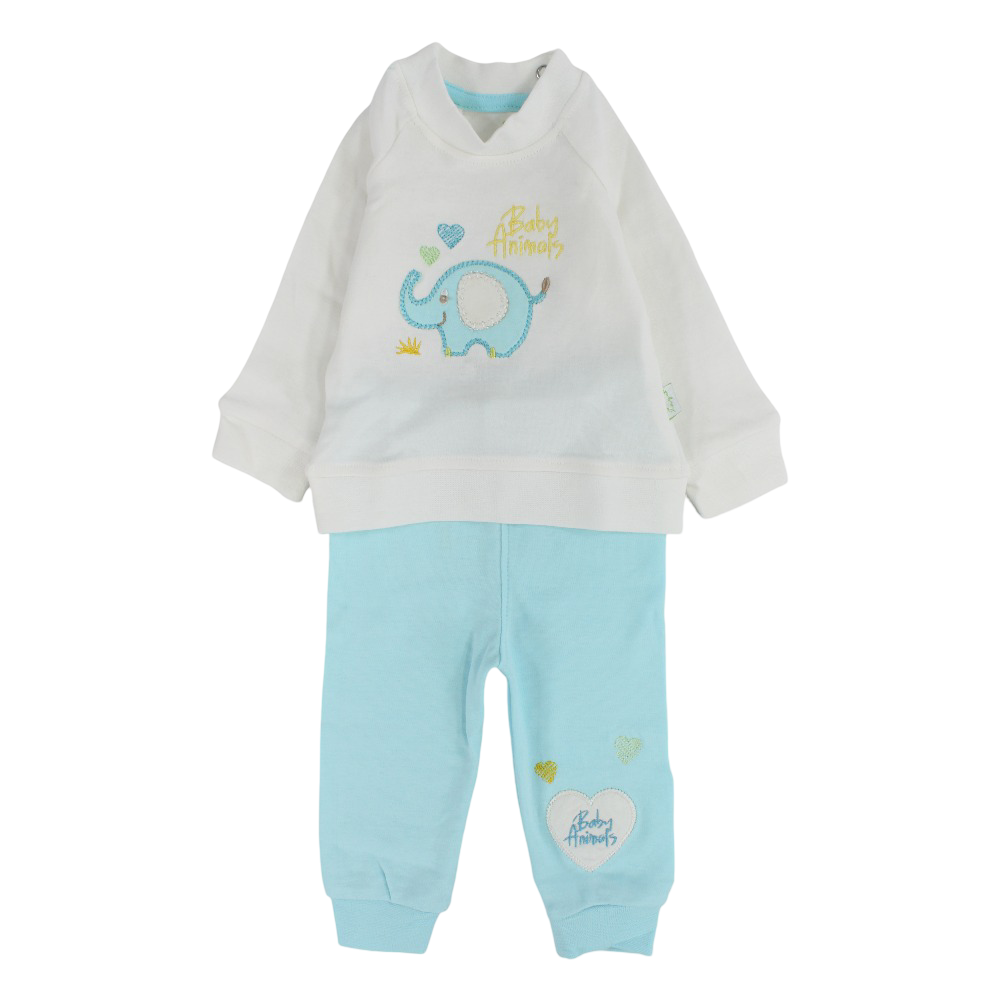 Unisex Baby Cotton Pajama Set – Off-White/Aqua with Elephant Design