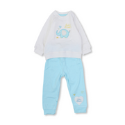 Unisex Baby Cotton Pajama Set – Off-White/Aqua with Elephant Design