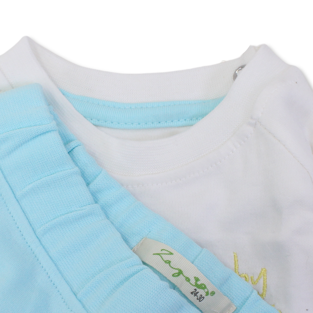 Unisex Baby Cotton Pajama Set – Off-White/Aqua with Elephant Design