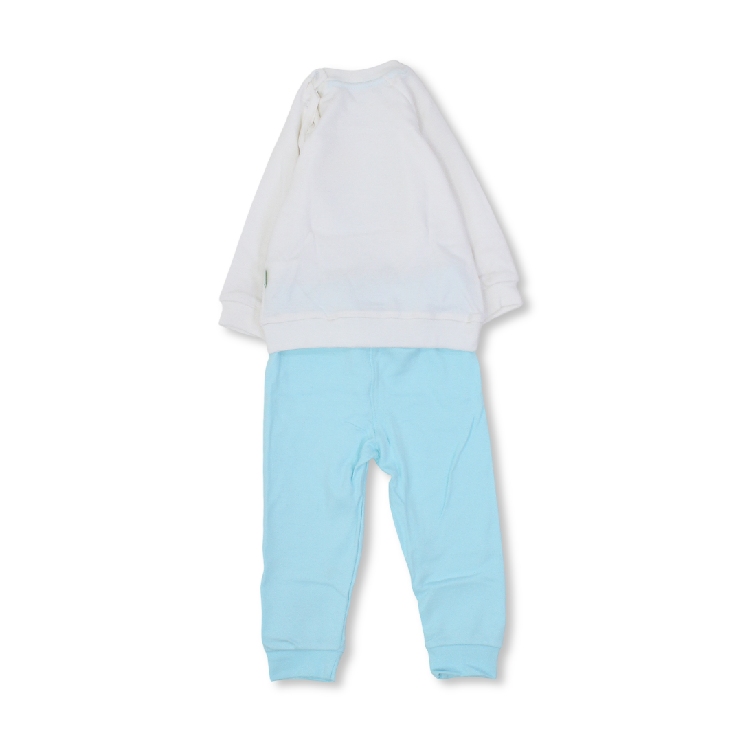Unisex Baby Cotton Pajama Set – Off-White/Aqua with Elephant Design