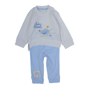 Baby Boys Cotton Pajama Set – Off-White & Baby Blue with Bird Embroidery