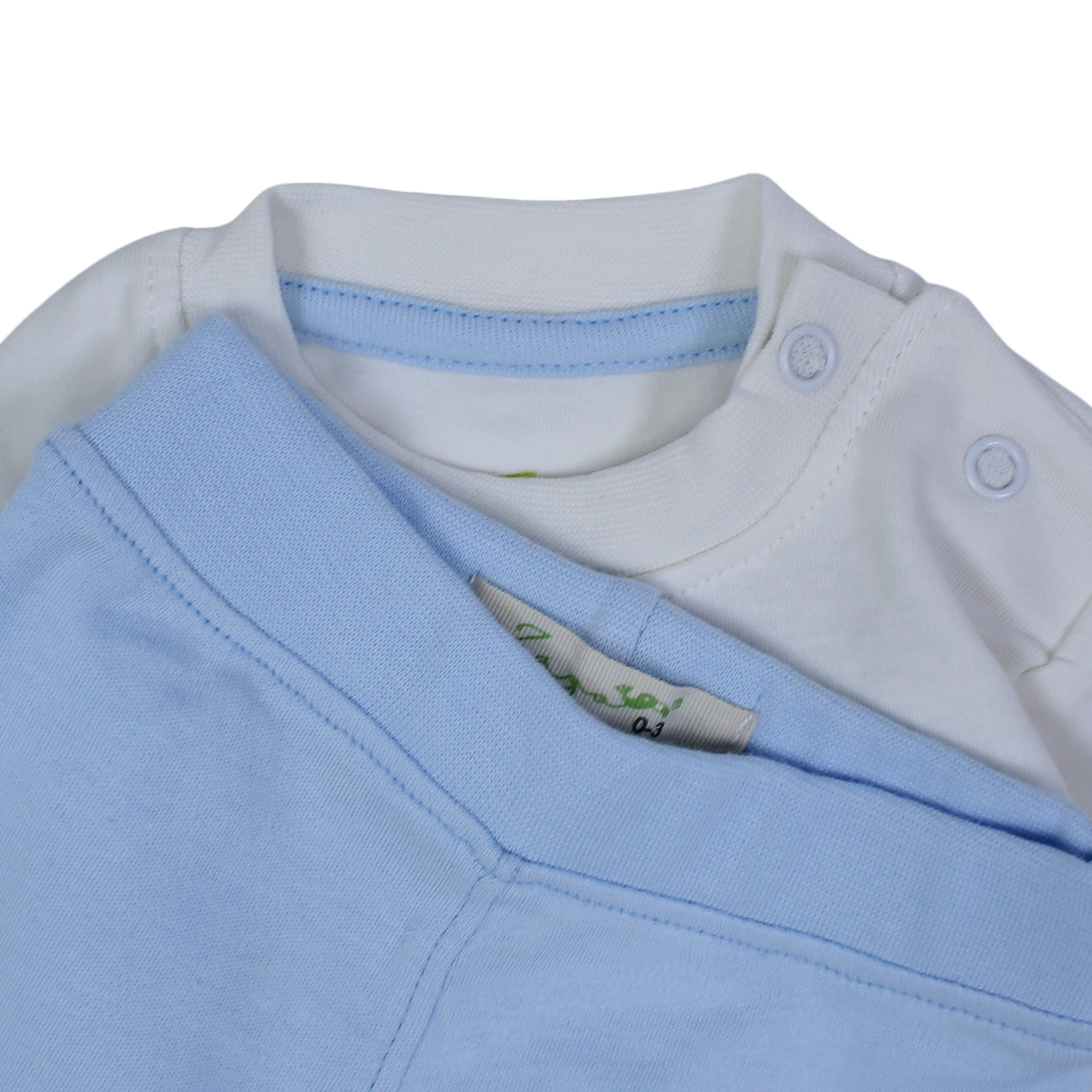 Baby Boys Cotton Pajama Set – Off-White & Baby Blue with Bird Embroidery