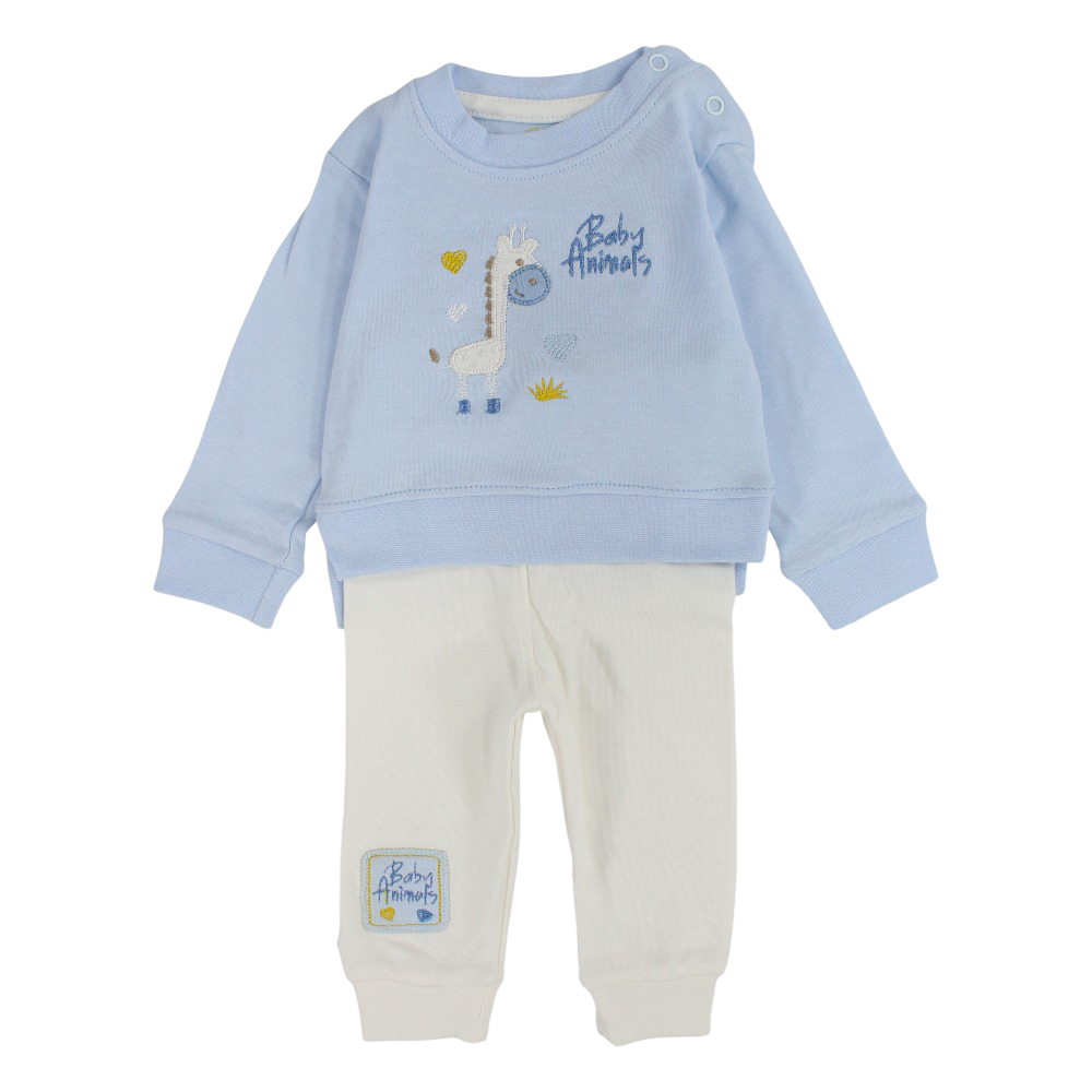Baby Boys Cotton Pajama Set – Babyblue with Giraffe Embroidery