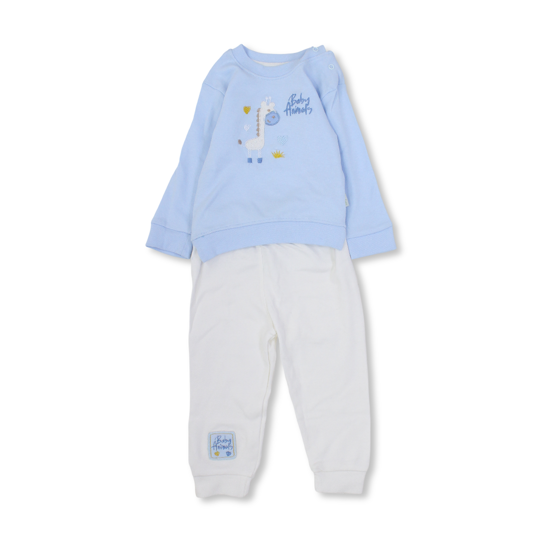 Baby Boys Cotton Pajama Set – Babyblue with Giraffe Embroidery