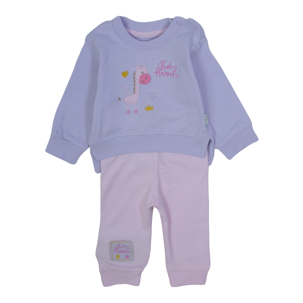 Baby Girls Cotton Pajama Set – Purple with Giraffe Embroidery