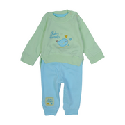 Unisex Baby Cotton Pajama Set – Mint & Baby Blue with Bird Embroidery