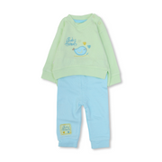 Unisex Baby Cotton Pajama Set – Mint & Baby Blue with Bird Embroidery