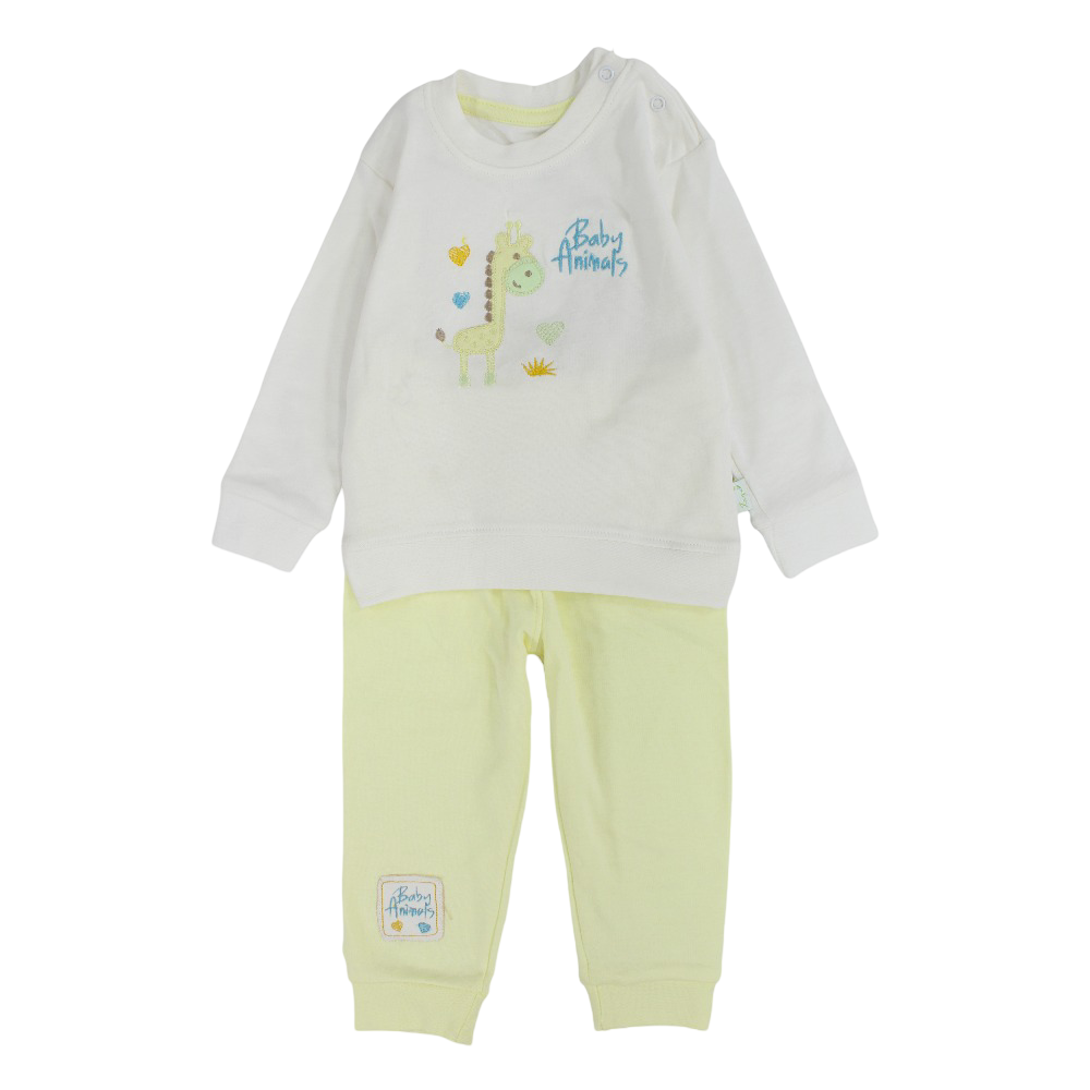 Unisex Baby Cotton Pajama Set – Off-White/Yellow with Giraffe Sesign