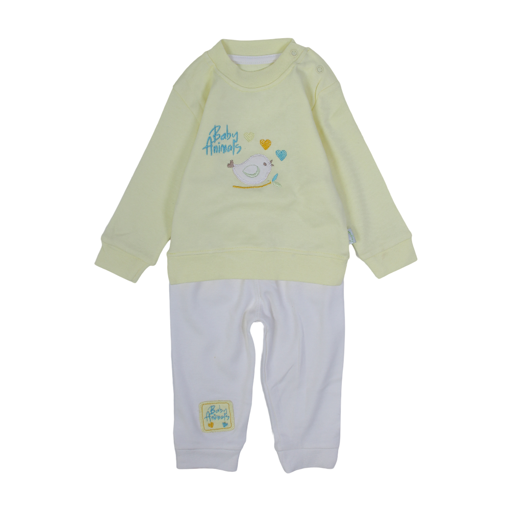 Unisex Baby Cotton Pajama Set – Yellow with Bird Embroidery