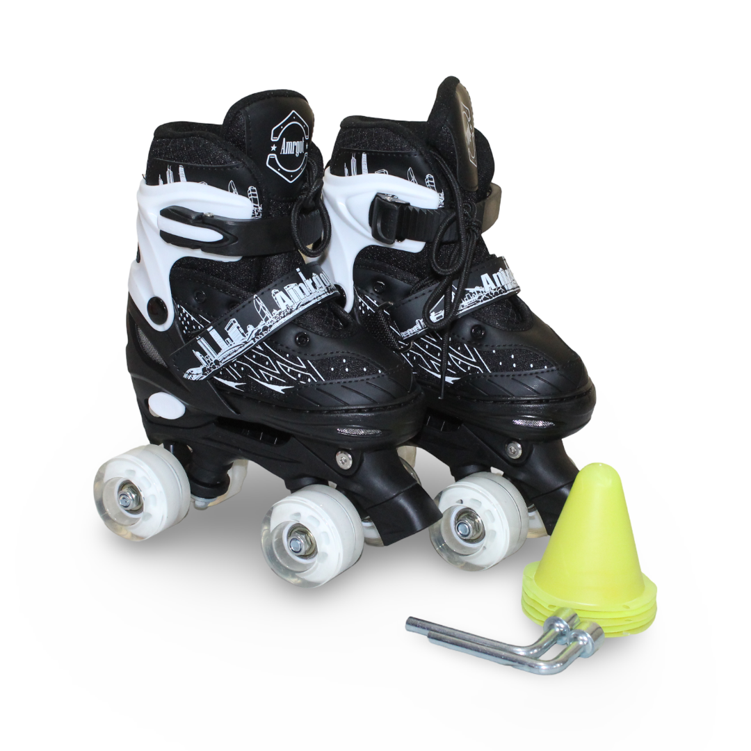 Kids 4-Wheel Roller Skates with Training Cones – Black & White (Small)