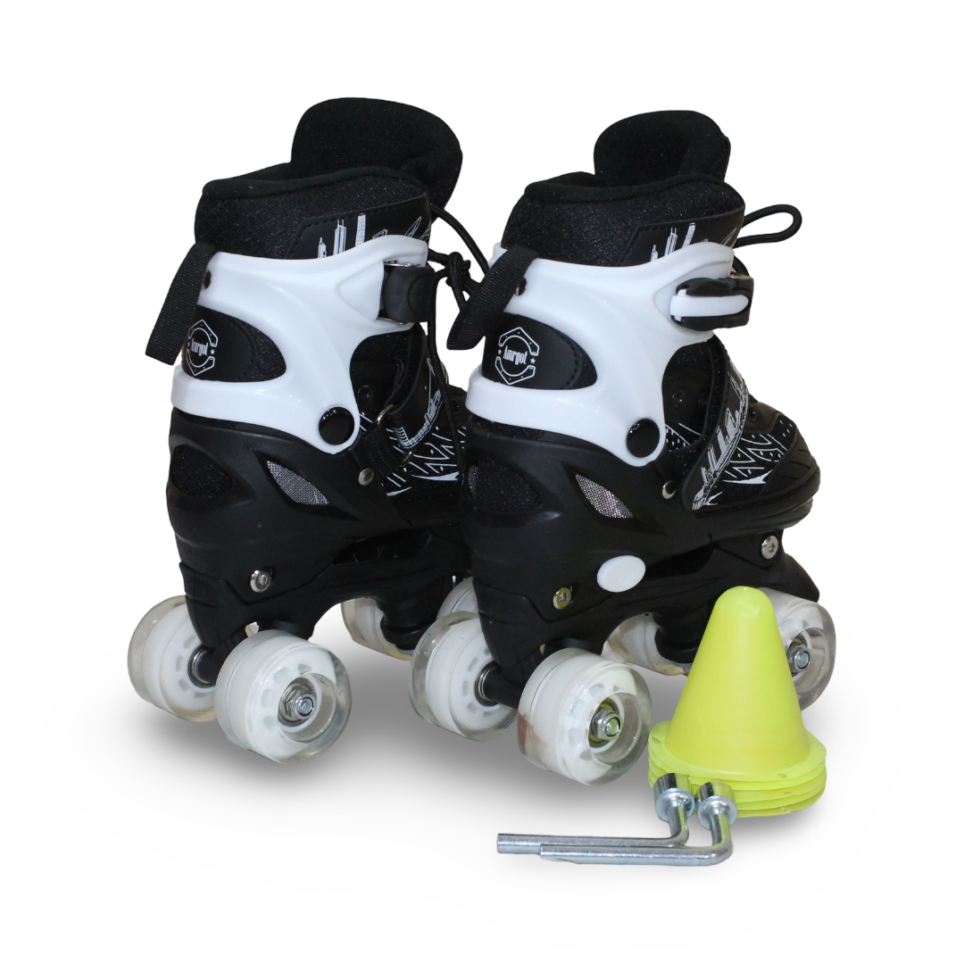Kids 4-Wheel Roller Skates with Training Cones – Black & White (Small)
