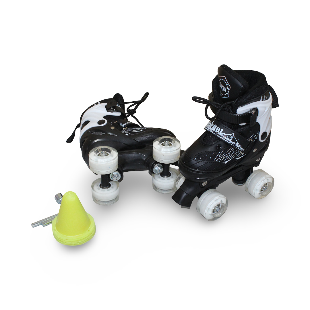 Kids 4-Wheel Roller Skates with Training Cones – Black & White (Small)