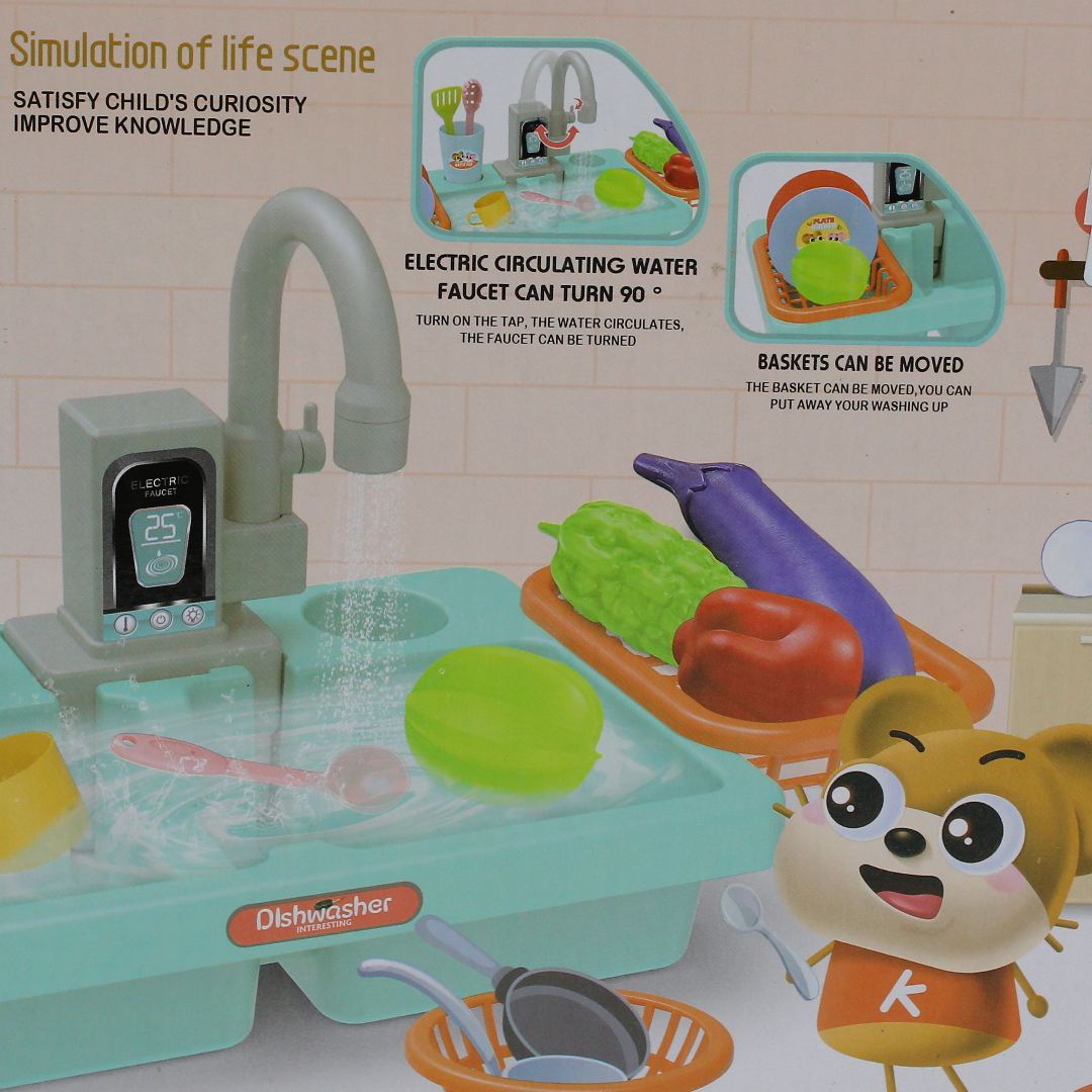 Electric Dishwasher Kitchen Sink Toy Set – Aqua (19 Pcs)
