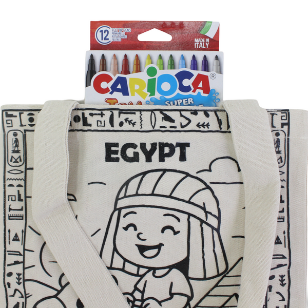 Washable Coloring Tote Bag size 30*40 – Little Pharaoh Design + Box of 12 Colors