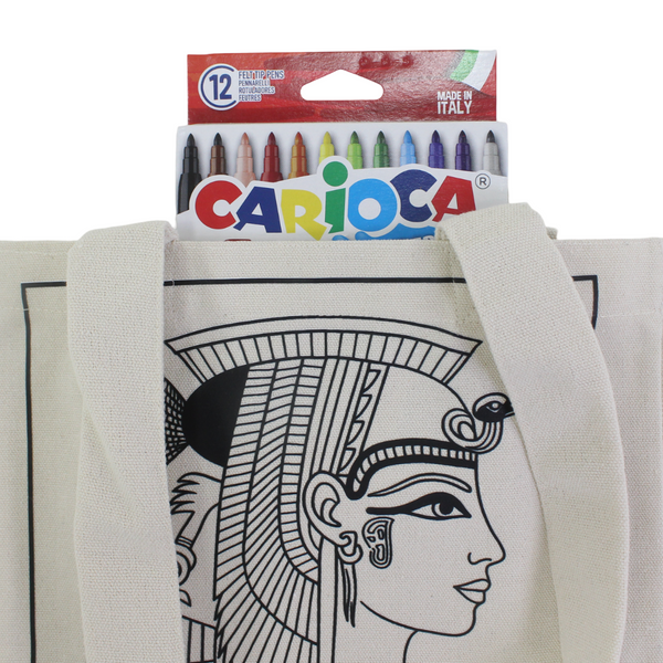 Washable Coloring Tote Bag size 30*40 – Egypt Queen Design +  Box of 12 Colors