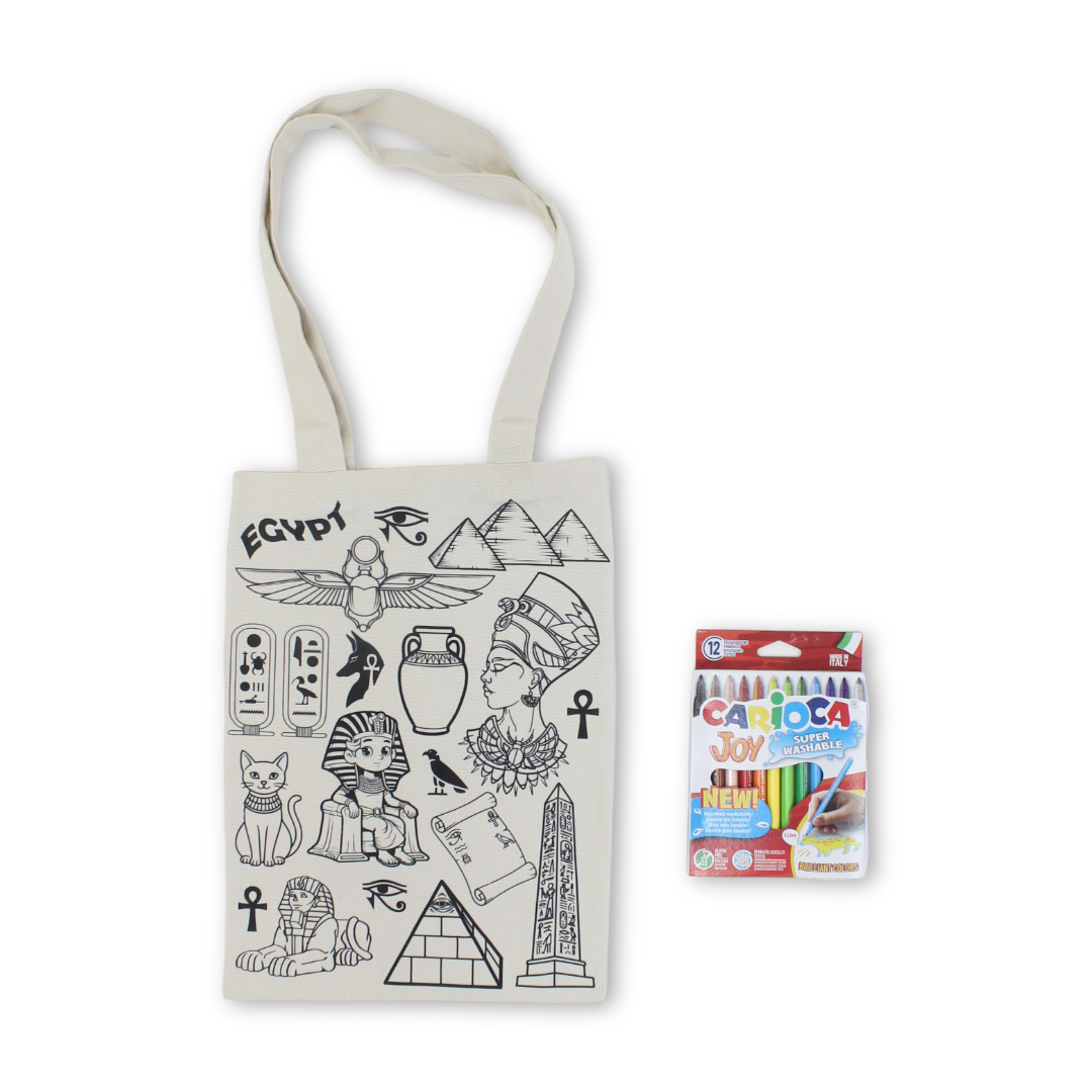 Washable Coloring Tote Bag size 30*40 – Ancient Egypt Design + Box of 12 Colors - Toys - Bedaya Designs