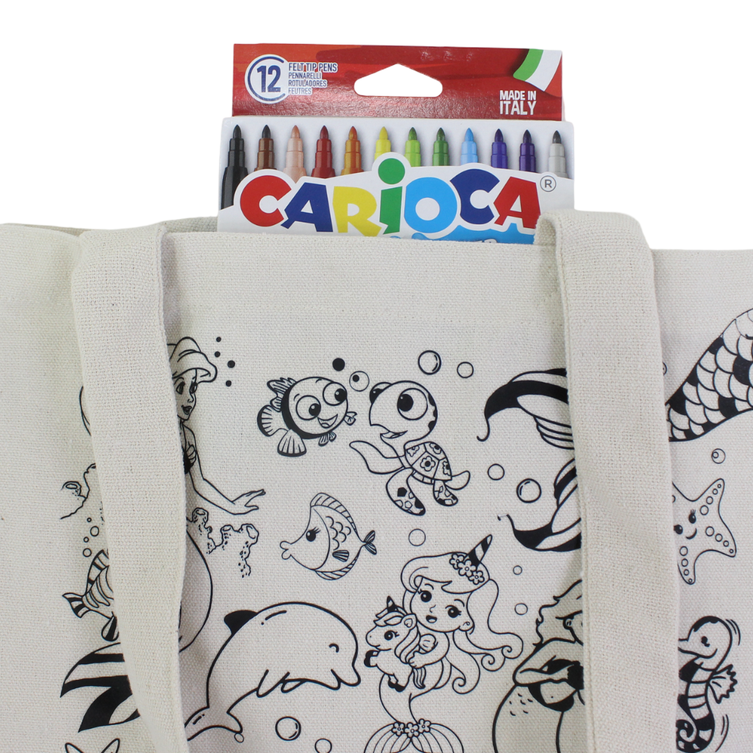 Washable Coloring Tote Bag size 30*40 – Mermaid Design + Box of 12 Colors