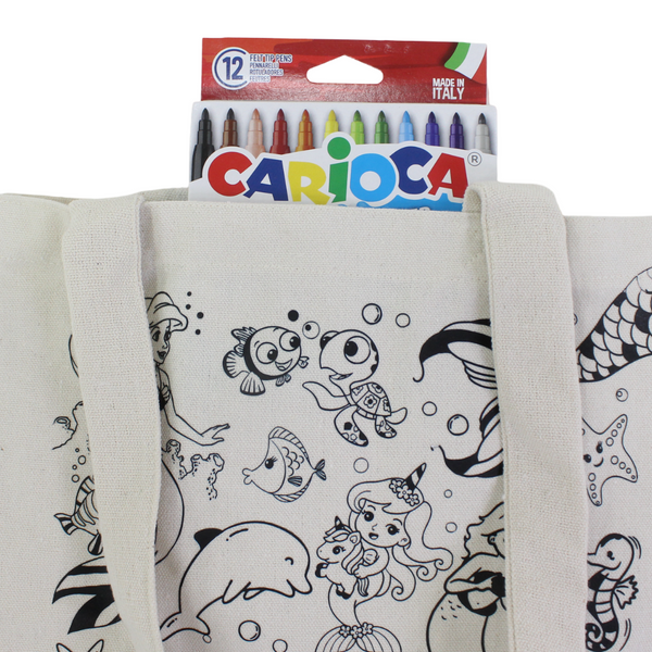 Washable Coloring Tote Bag size 30*40 – Mermaid Design + Box of 12 Colors