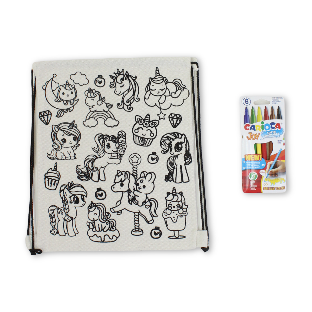 Washable Colouring Drawstring Bag 30*35 – Unicorn Design + Box of 6 Colors - Toys - Bedaya Designs