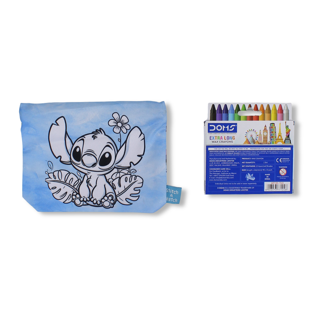 Stitch Coloring Pencil Case with Extra Long Wax Crayons 12 Colours + 1 Silver