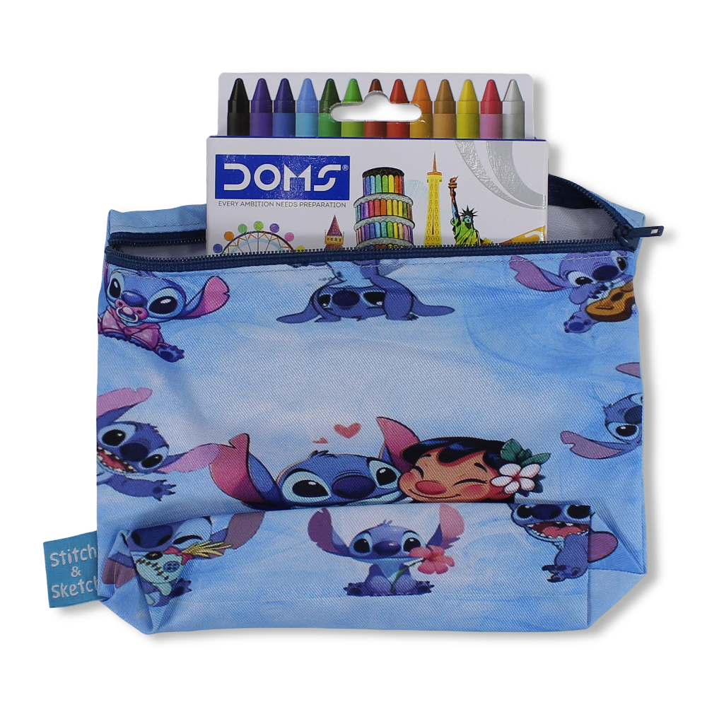 Stitch Coloring Pencil Case with Extra Long Wax Crayons 12 Colours + 1 Silver