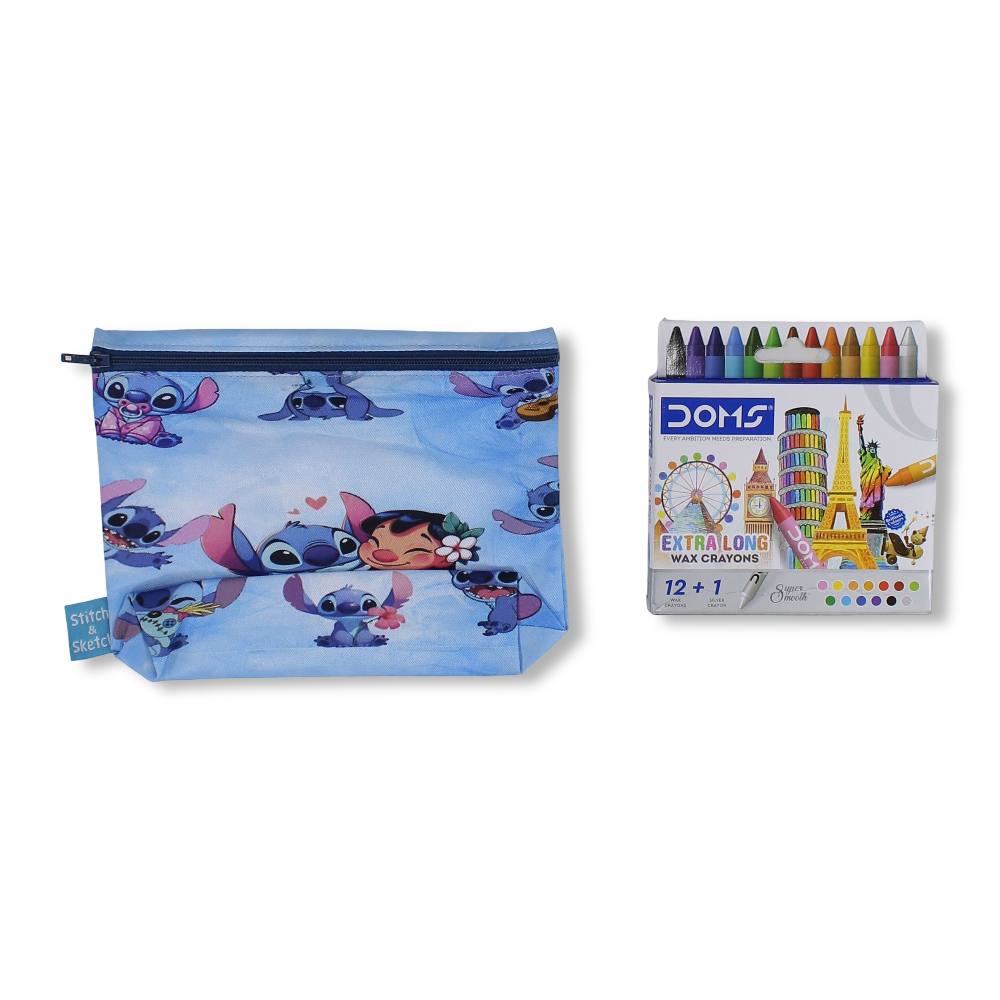 Stitch Coloring Pencil Case with Extra Long Wax Crayons 12 Colours + 1 Silver