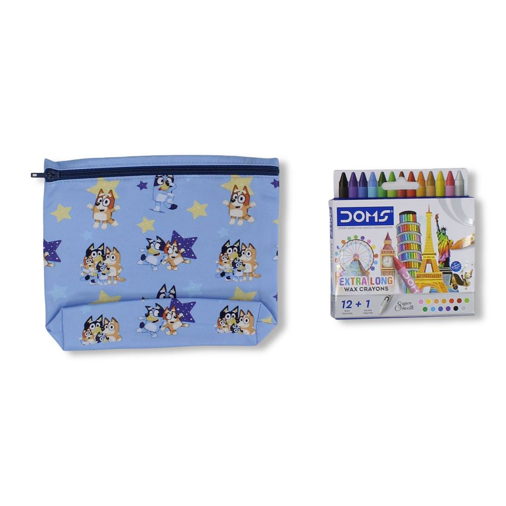 Bluey Coloring Pencil Case with Extra Long Wax Crayons 12 Colours + 1 Silver