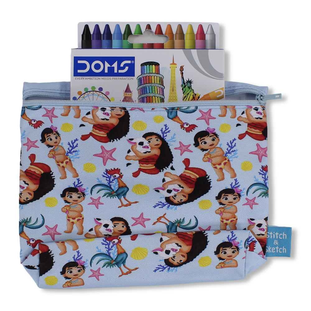 Moana Coloring Pencil Case with Extra Long Wax Crayons 12 Colours + 1 Silver