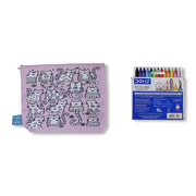 Cats Coloring Pencil Case with Extra Long Wax Crayons 12 Colours + 1 Silver