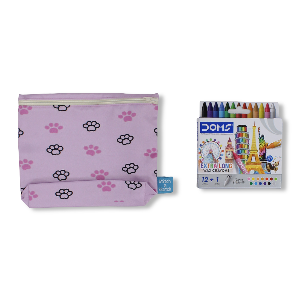 Cats Coloring Pencil Case with Extra Long Wax Crayons 12 Colours + 1 Silver