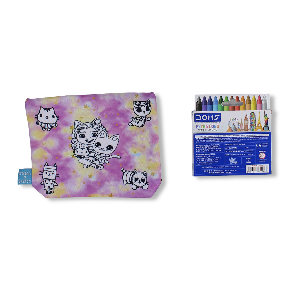 Gabby's Coloring Pencil Case with Extra Long Wax Crayons 12 Colours + 1 Silver