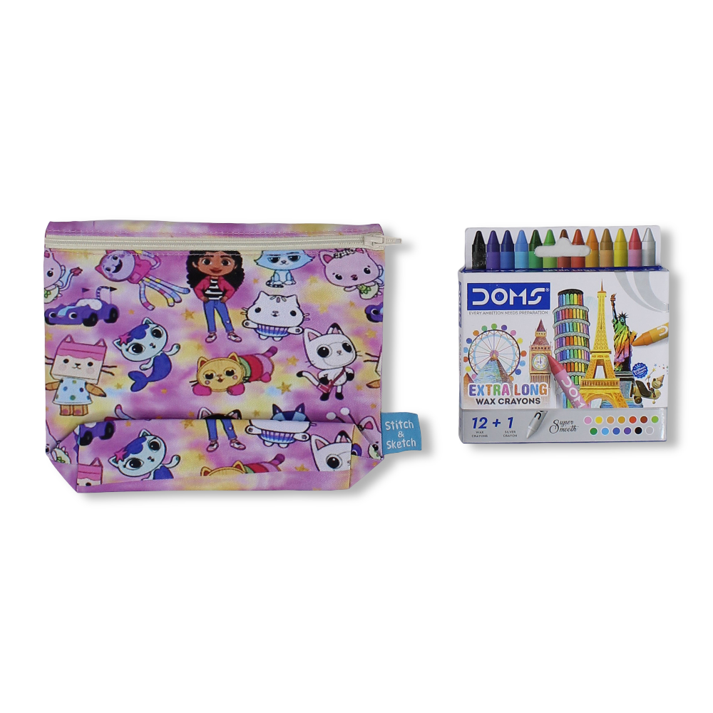 Gabby's Coloring Pencil Case with Extra Long Wax Crayons 12 Colours + 1 Silver