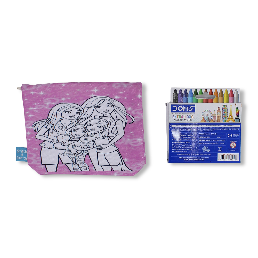 Barbie Coloring Pencil Case with Extra Long Wax Crayons 12 Colours + 1 Silver - Toys - Stitch and Sketch