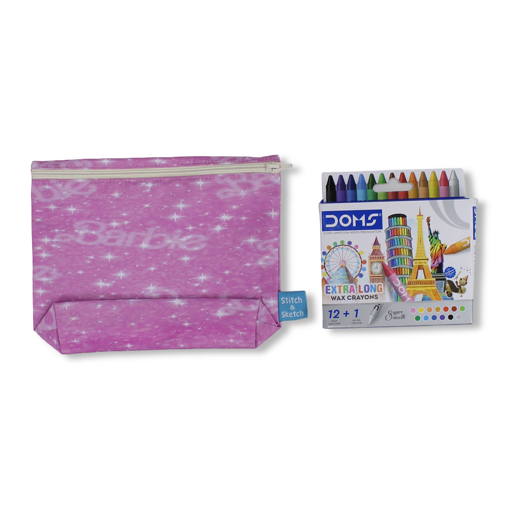 Barbie Coloring Pencil Case with Extra Long Wax Crayons 12 Colours + 1 Silver