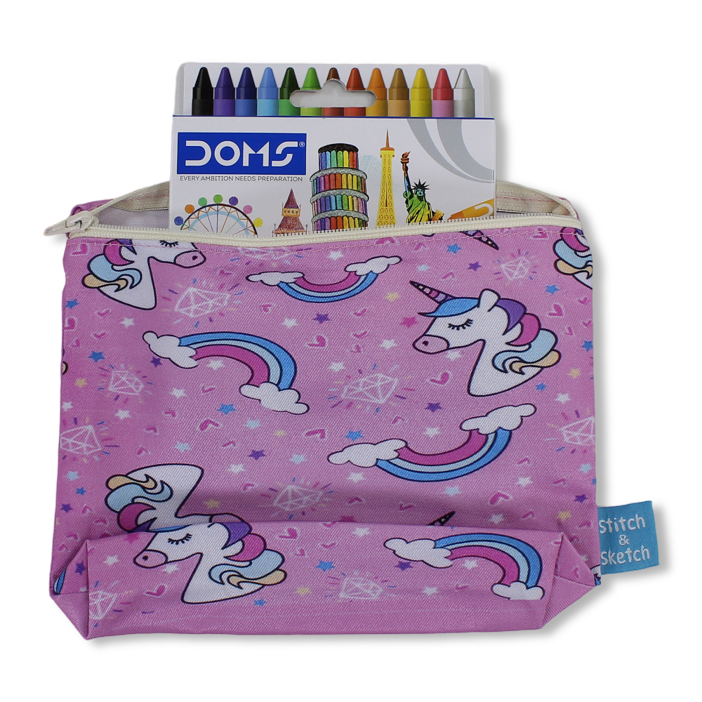 Unicorn Coloring Pencil Case with Extra Long Wax Crayons 12 Colours + 1 Silver