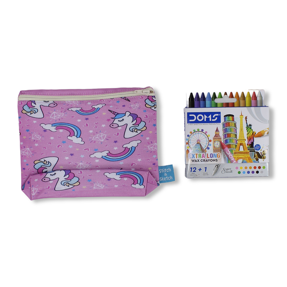 Unicorn Coloring Pencil Case with Extra Long Wax Crayons 12 Colours + 1 Silver