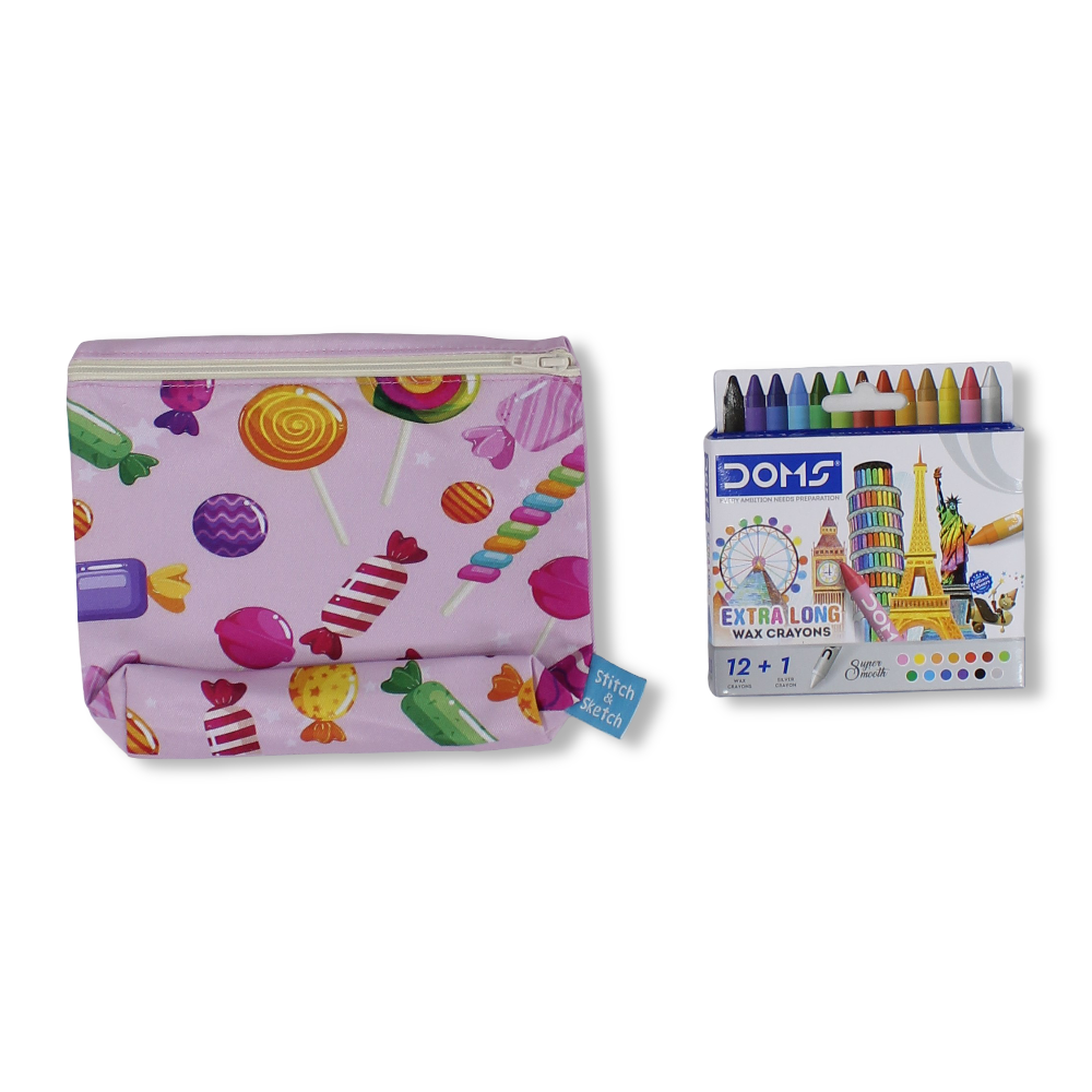 Candies Coloring Pencil Case with Extra Long Wax Crayons 12 Colours + 1 Silver