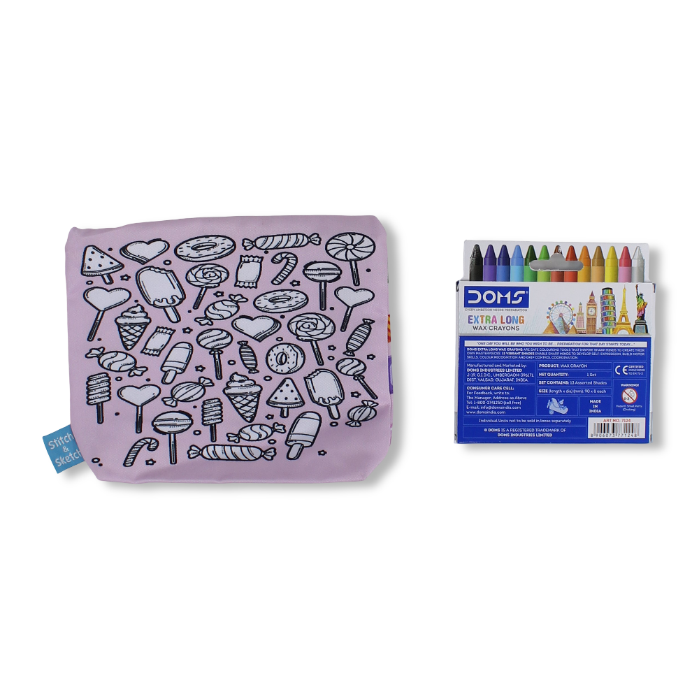 Candies Coloring Pencil Case with Extra Long Wax Crayons 12 Colours + 1 Silver