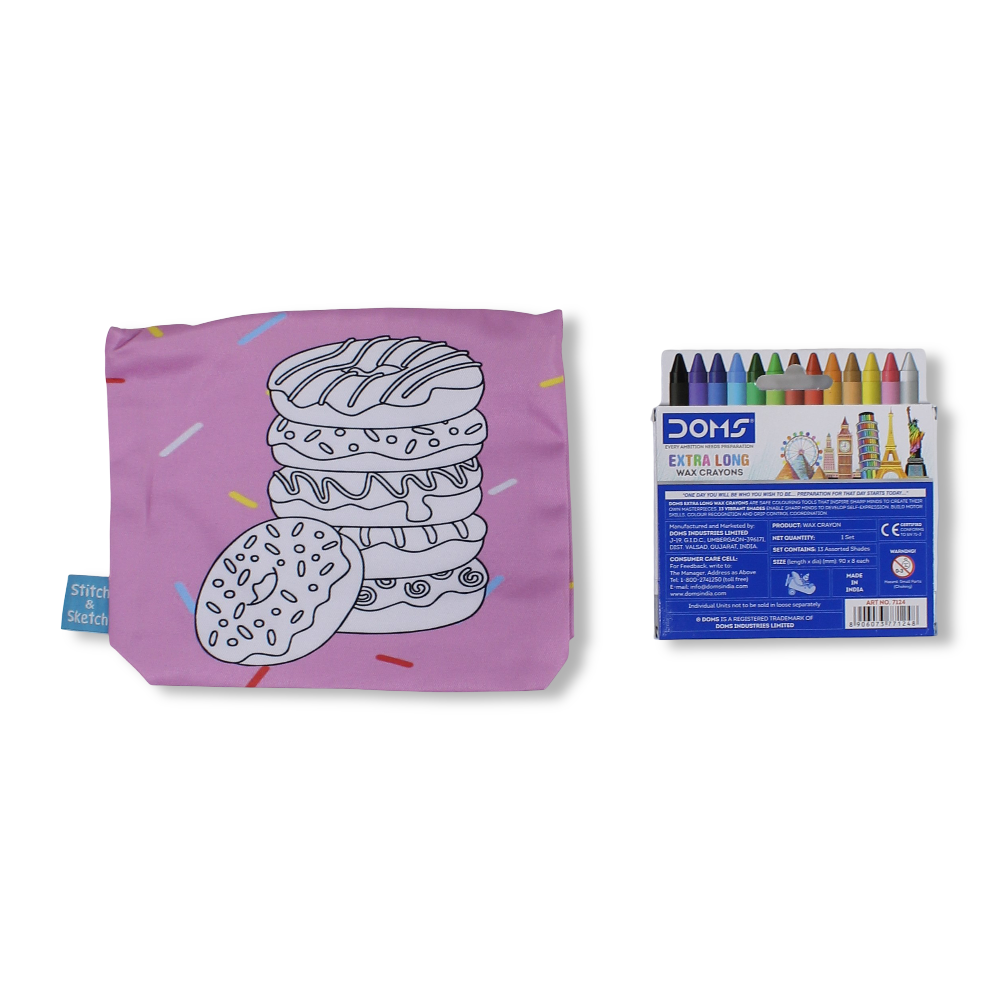 Donuts Coloring Pencil Case with Extra Long Wax Crayons 12 Colours + 1 Silver