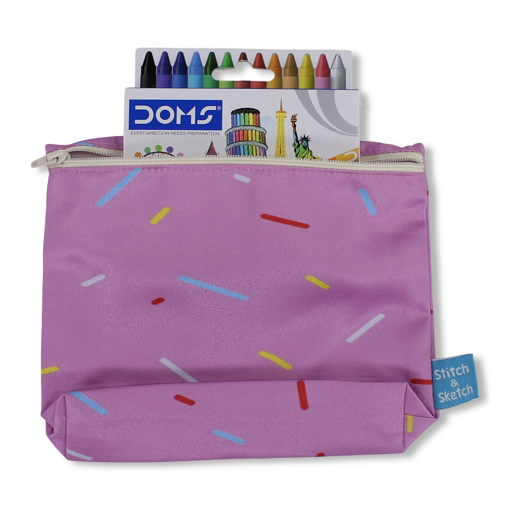 Donuts Coloring Pencil Case with Extra Long Wax Crayons 12 Colours + 1 Silver