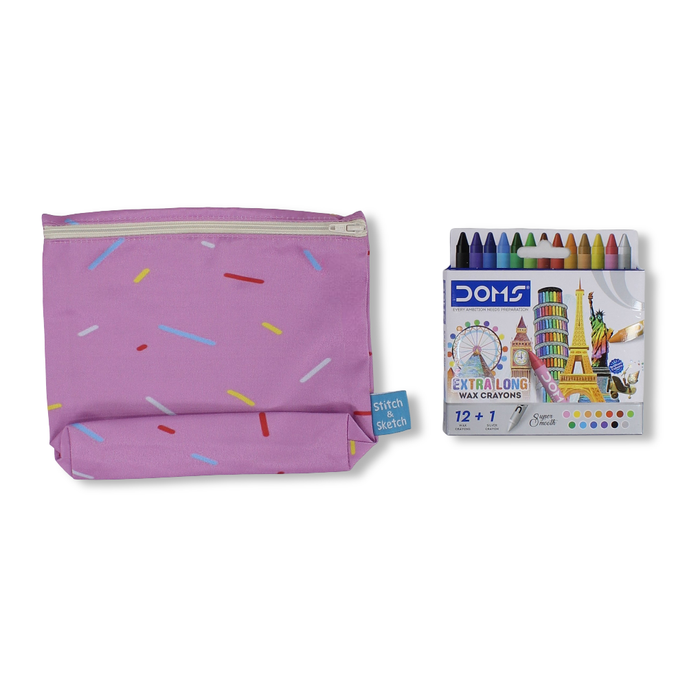 Donuts Coloring Pencil Case with Extra Long Wax Crayons 12 Colours + 1 Silver