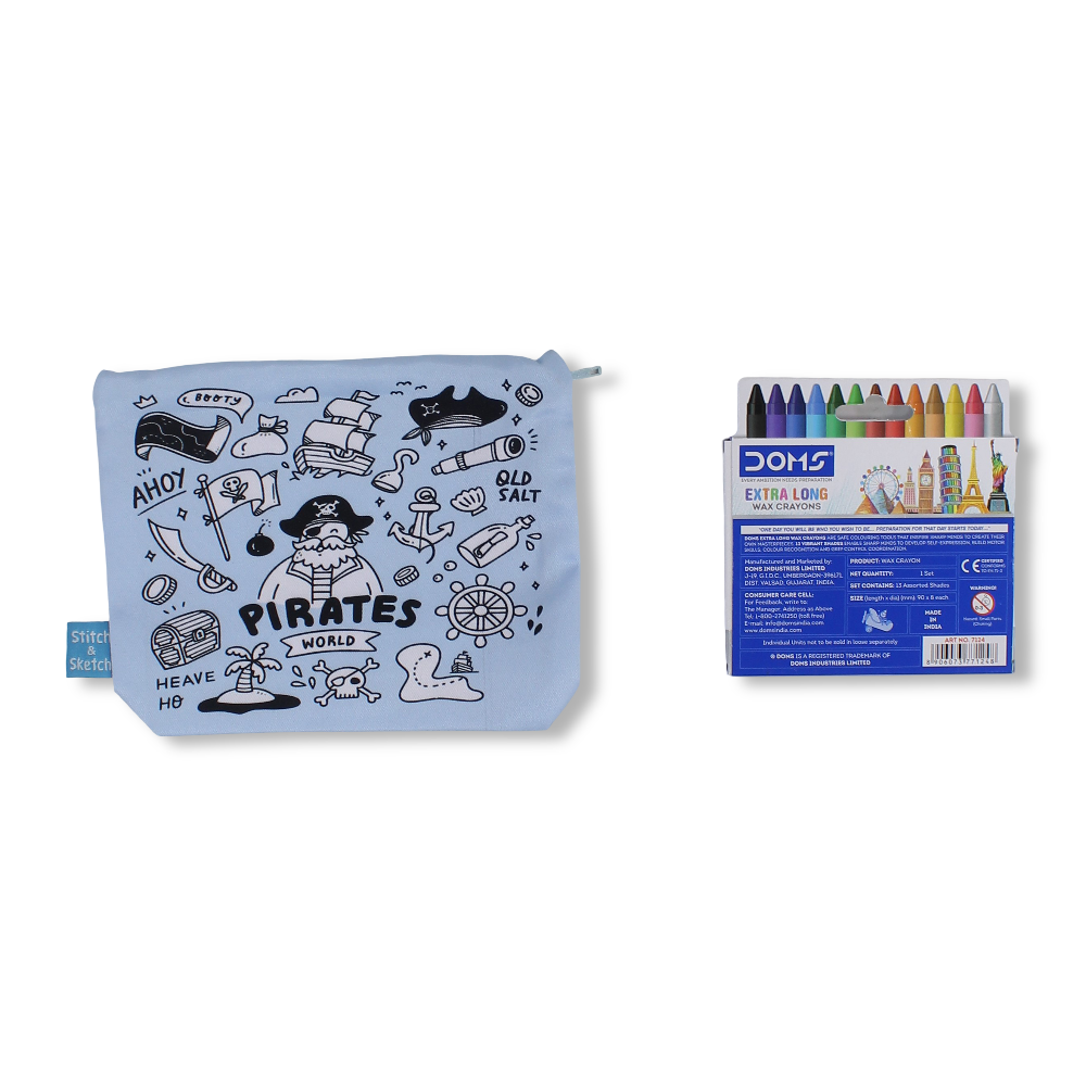 Pirates Coloring Pencil Case with Extra Long Wax Crayons 12 Colours + 1 Silver