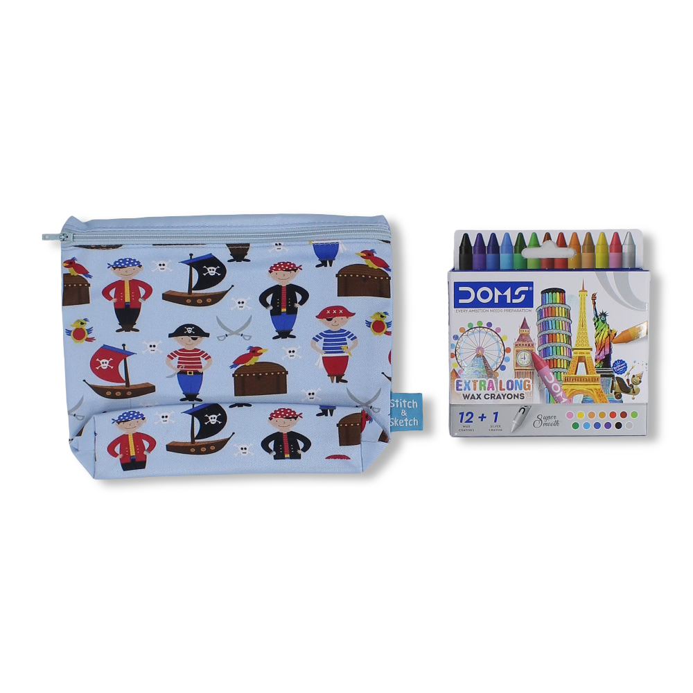 Pirates Coloring Pencil Case with Extra Long Wax Crayons 12 Colours + 1 Silver