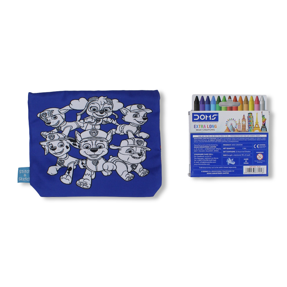 Paw Patrol Coloring Pencil Case with Extra Long Wax Crayons 12 Colours + 1 Silver - Stitch and Sketch